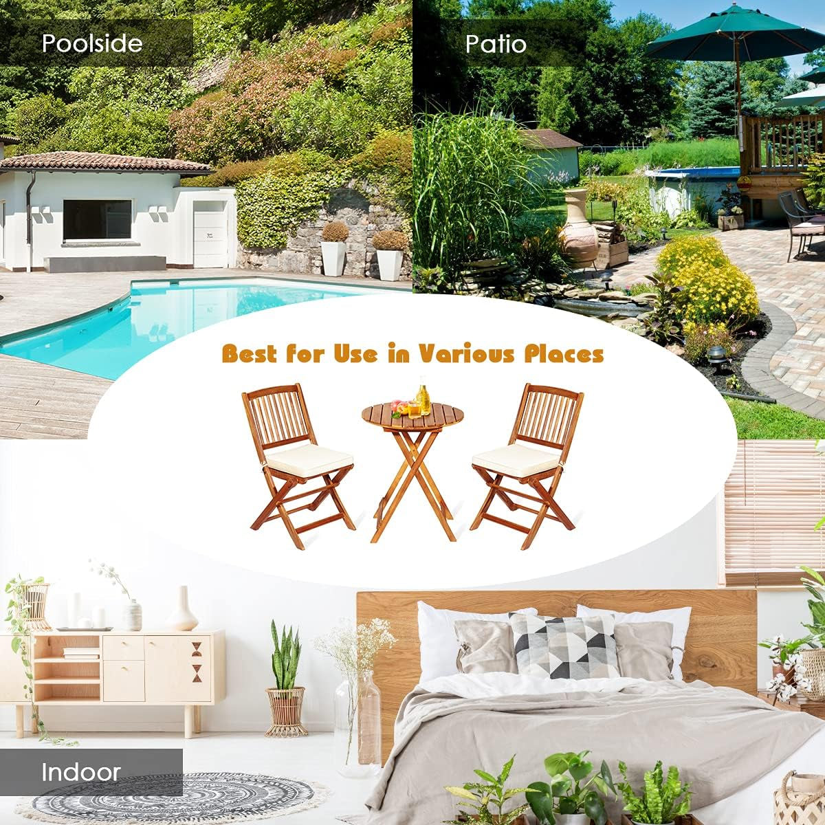 3-Piece Acacia Wood Folding Patio Bistro Set, Small Outdoor Balcony Furniture, round Coffee Table and 2 Chairs with Soft Cushions, Teak Table Set for Porch, Backyard, Deck (Cream White)