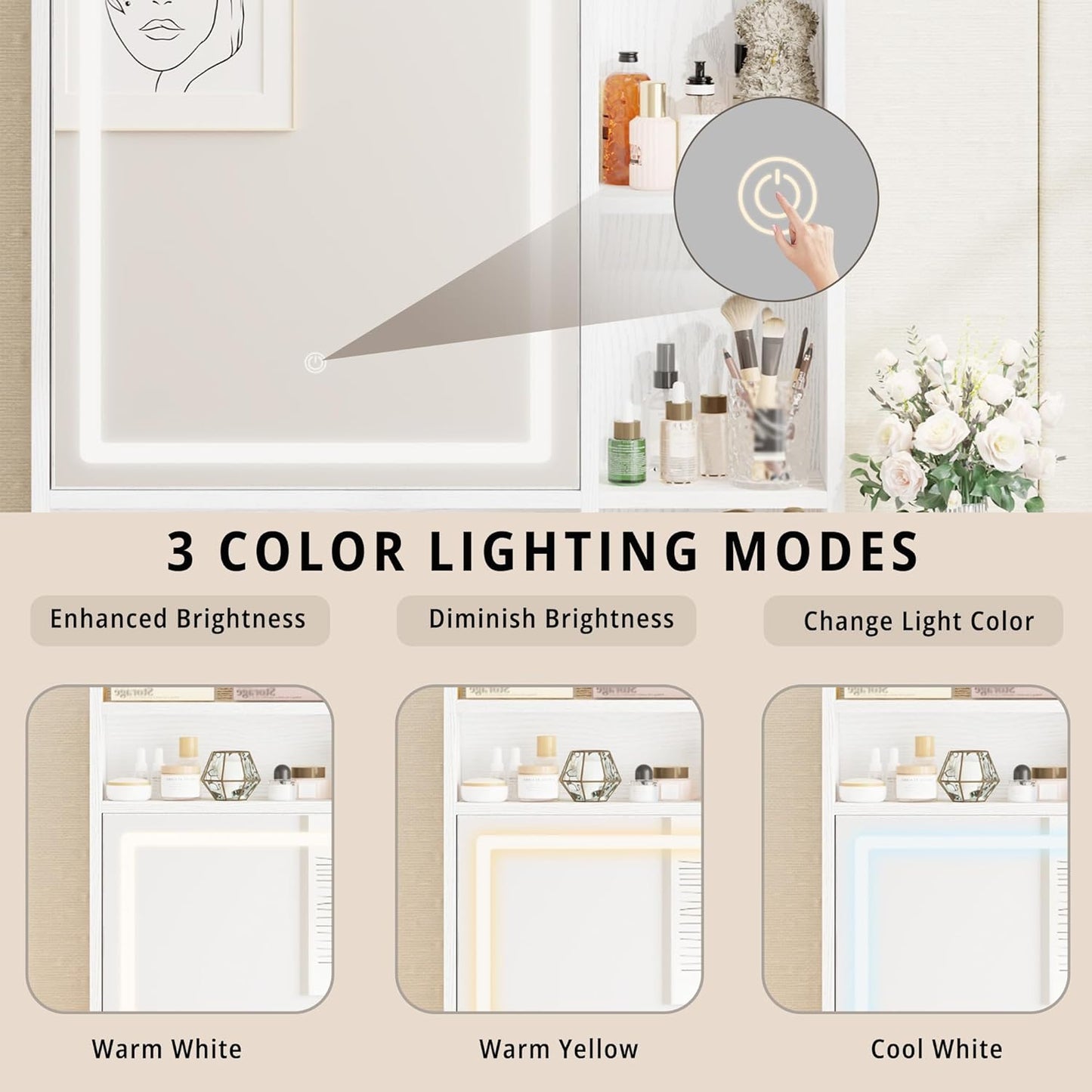 Vanity Desk with Mirror and LED Lights, Jewelry Cabinet, Makeup Dressing Table Set with Drawers, Storage Shelves, for Bedroom, 65.3 H White