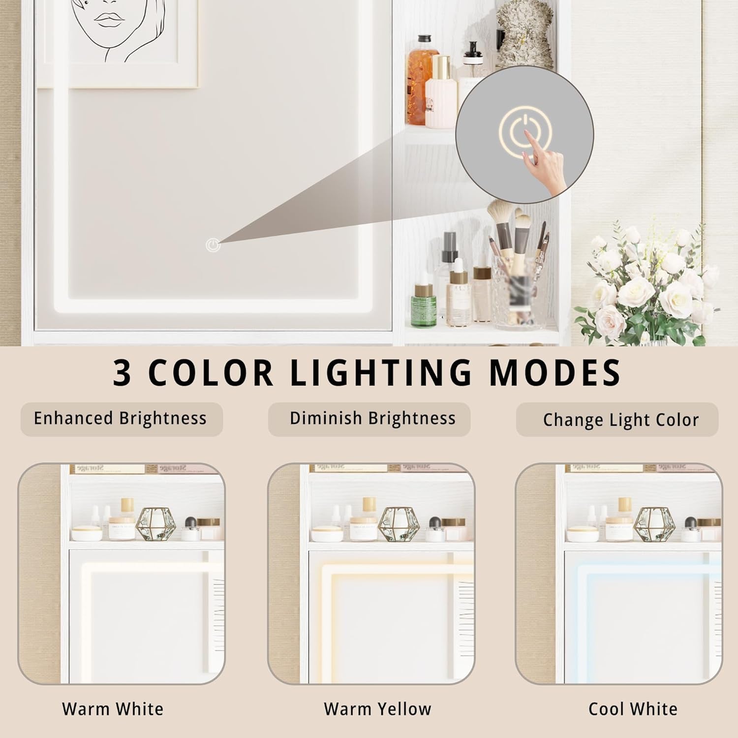 Vanity Desk with Mirror and LED Lights, Jewelry Cabinet, Makeup Dressing Table Set with Drawers, Storage Shelves, for Bedroom, 65.3 H White