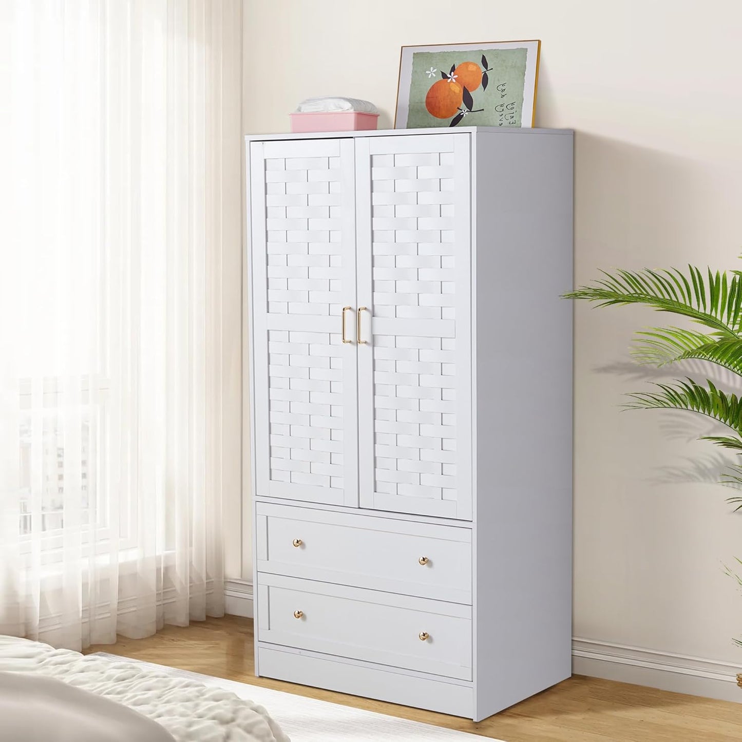Armoire Wardrobe Closet with 2 Woven Doors, Wardrobe Cabinet with 2 Storage Drawers and Hanging Rail, Freestanding Wooden Closet for Bedroom (White)
