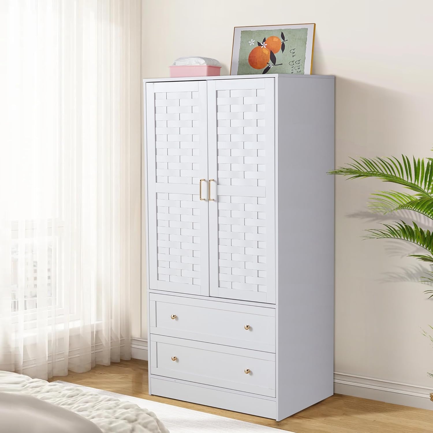 Armoire Wardrobe Closet with 2 Woven Doors, Wardrobe Cabinet with 2 Storage Drawers and Hanging Rail, Freestanding Wooden Closet for Bedroom (White)