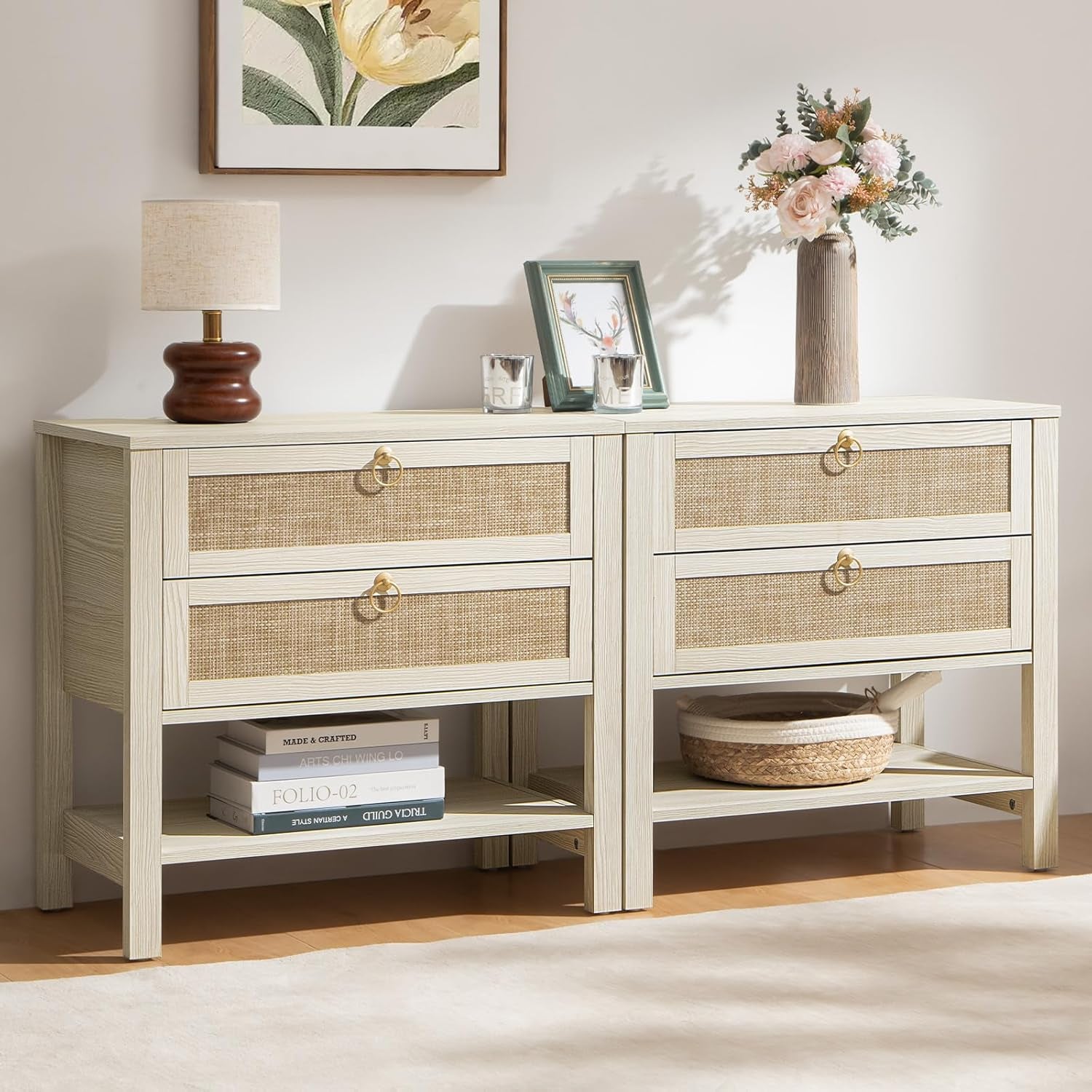 White Night Stand Set of 2, Large Nightstand with Drawers and Storage Shelf - Rattan Boho Bedside Table Narrow Side Table for Bedroom, Small Space