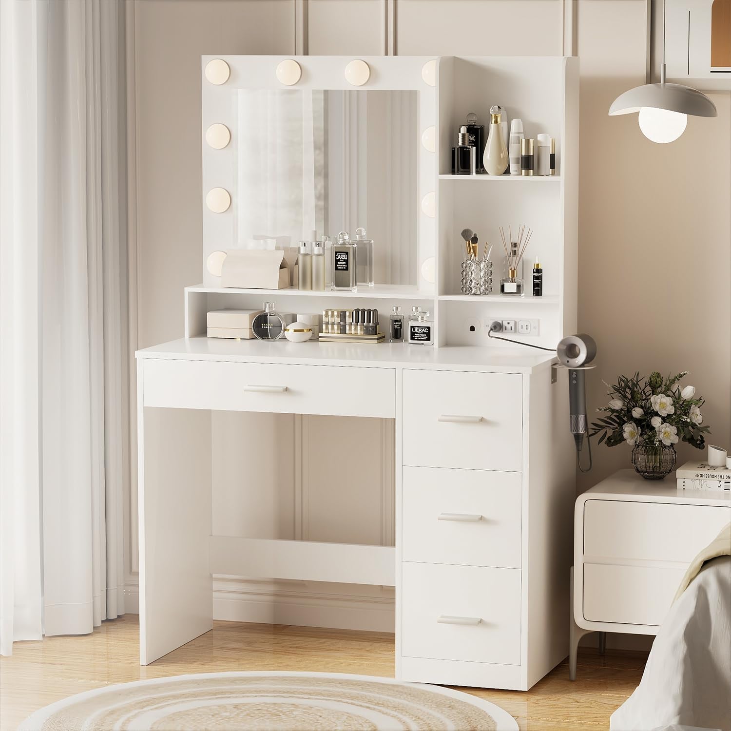 Vanity Desk with Mirror, Power Outlet and 10 Lights, Makeup Table with 4 Drawers, 3 Color Modes Available for Bedroom, White