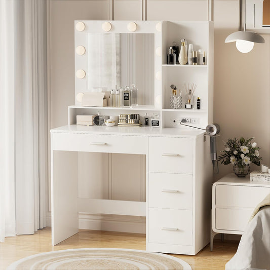 Vanity Desk with Mirror, Power Outlet and 10 Lights, Makeup Table with 4 Drawers, 3 Color Modes Available for Bedroom, White