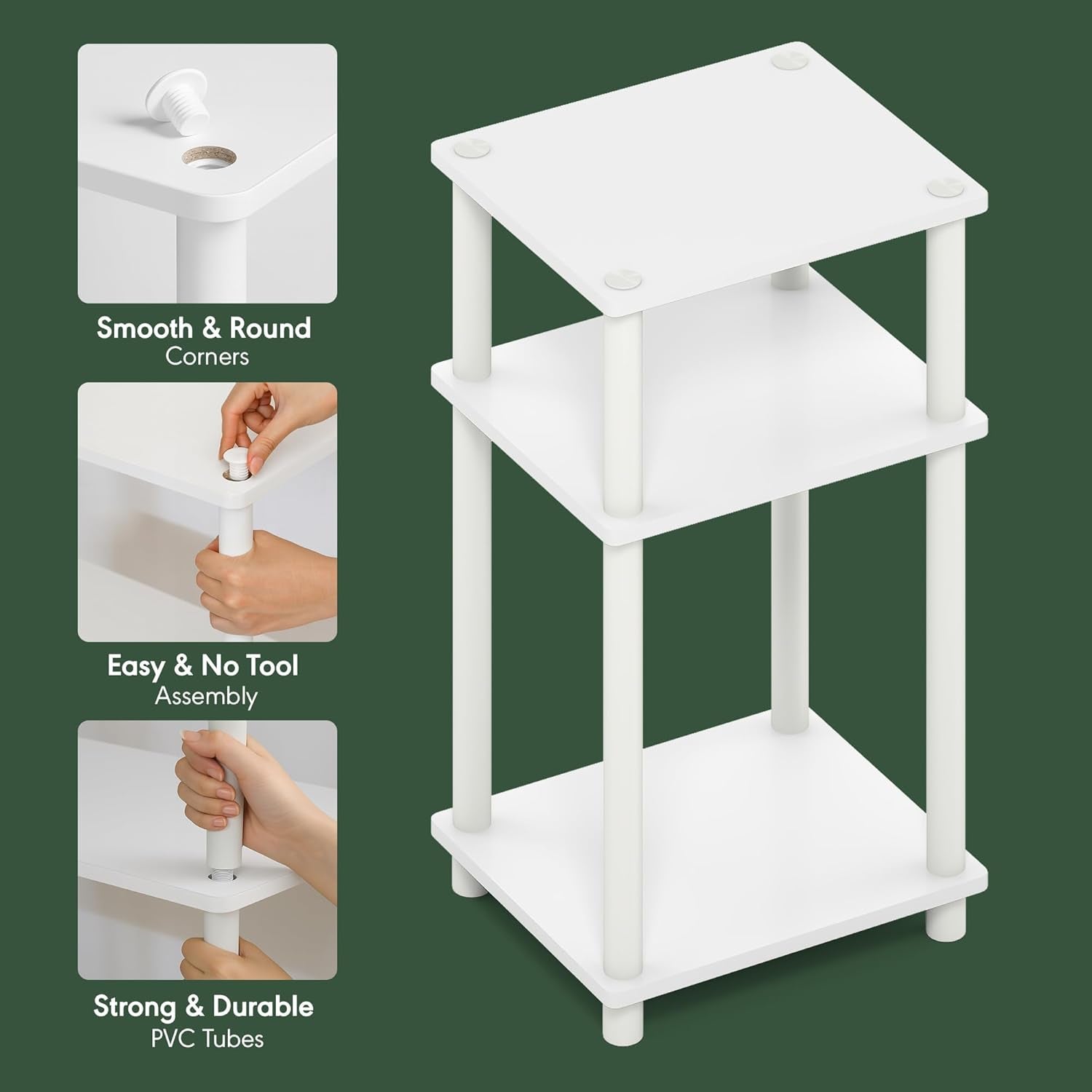 Turn-N-Tube Side Table, 3-Tier End Table, Night Stand, Bedside Table, for Living Room, Bedroom, White