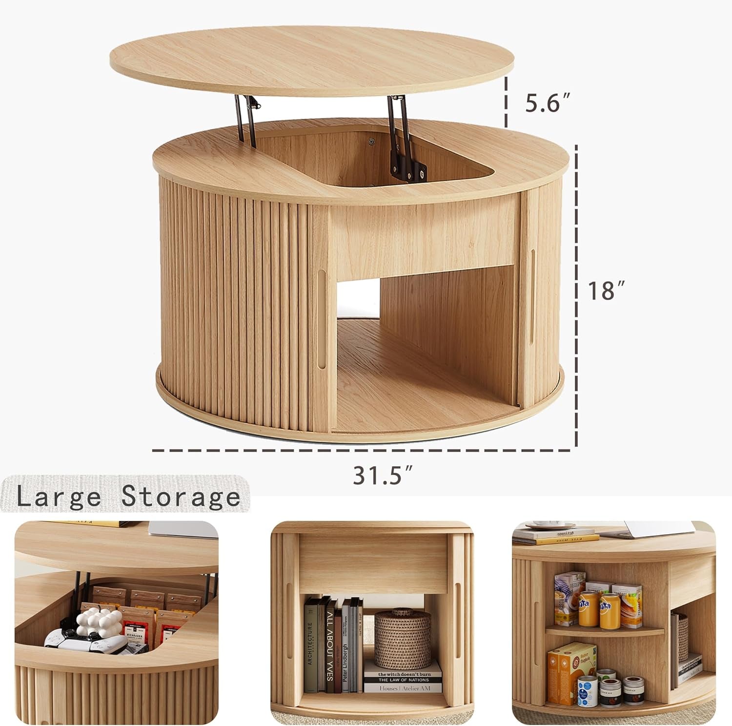 Lift Top Coffee Table, round Fluted Coffee Table with Storage, Boho Wooden Coffee Tables with Sliding Tambour Door, 31.5" Center Table for Living Room, Office, Small Space, Natural Oak