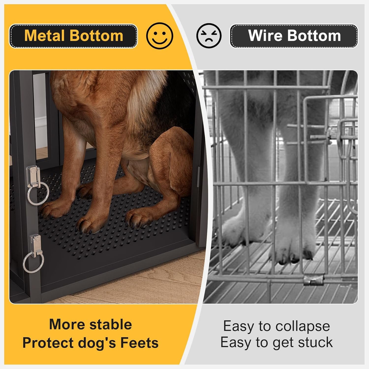 44 Inch Heavy Duty Dog Crate Furniture with 3 Doors, Dog Kennel with 360° Stainless Steel Bowls, Lockable Wheels, Wood Dog Cage End Table with Led Light, Pet Crate Dog Cage for Large/Medium/Small Dogs