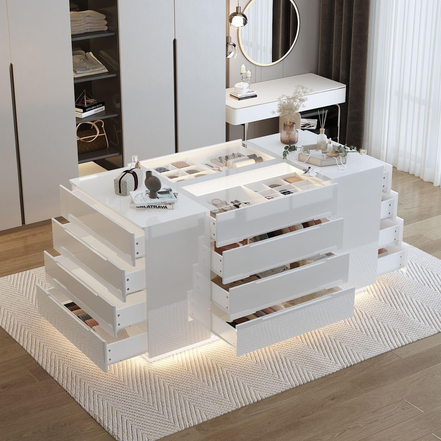 Armoire Bedroom Island Wardrobe Closet Island with 16 Drawers & Glass Tabletop, Island Dresser with Jewelry Organizer, Closet Island for Cloakroom White (63”W X 31.5”D X 31.5”H)