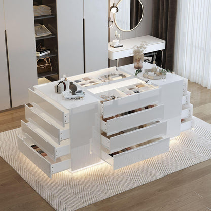Armoire Bedroom Island Wardrobe Closet Island with 16 Drawers & Glass Tabletop, Island Dresser with Jewelry Organizer, Closet Island for Cloakroom White (63”W X 31.5”D X 31.5”H)