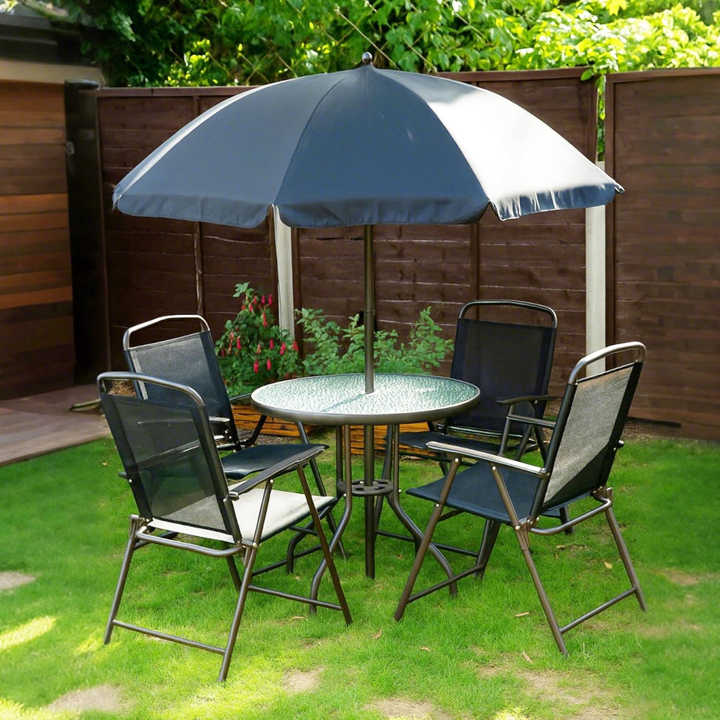 6 Piece Patio Dining Set for 4 with Umbrella, Outdoor Table and Chairs with 4 Folding Dining Chairs & round Glass Table for Garden, Backyard and Poolside, Black and Coffee