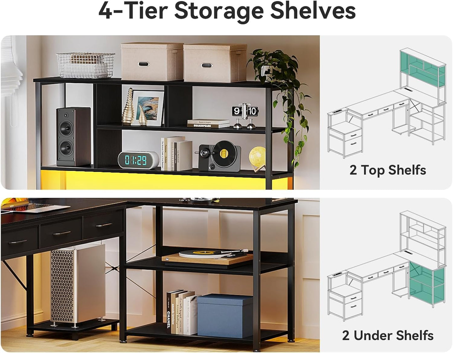 79 Inch L Shaped Desk with 5 Drawers, Reversible L Shaped Gaming Desk with LED Light & 2 Power Outlets, Computer Desk with Storage Shelves for Home Office, Black