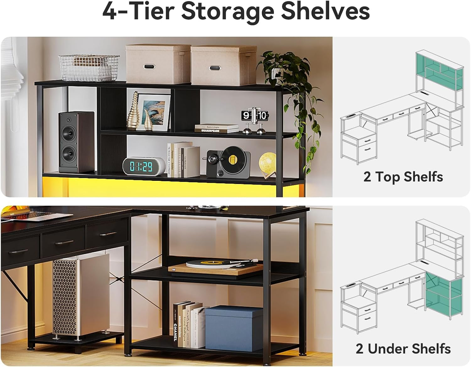 79 Inch L Shaped Desk with 5 Drawers, Reversible L Shaped Gaming Desk with LED Light & 2 Power Outlets, Computer Desk with Storage Shelves for Home Office, Black