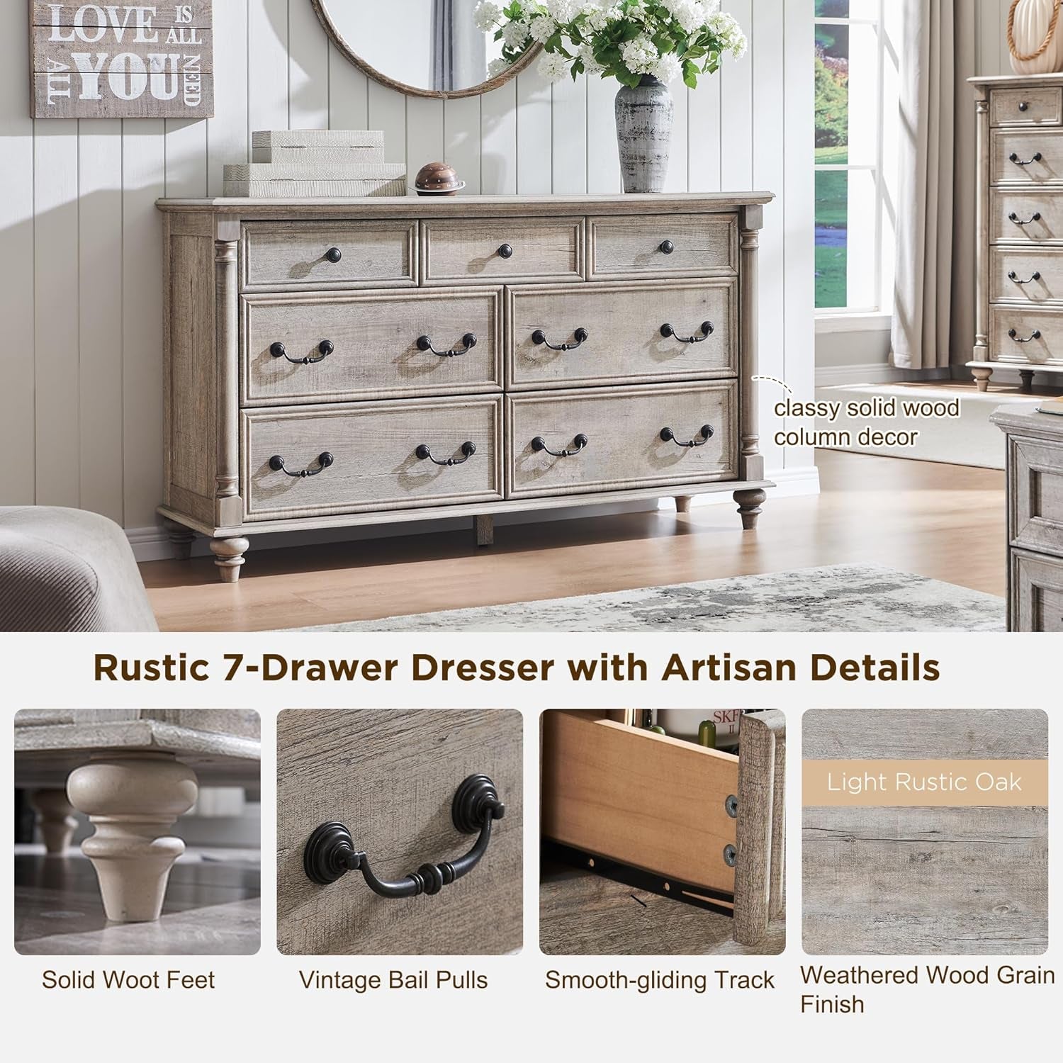 Farmhouse 7 Drawers Dresser Chests for Bedroom W/ 4 Column Solid Wood Feet, Tall Wide Wood Country Rustic Chest of Drawers, Storage Dressers for Bedroom, Living Room, Light Rustic Oak