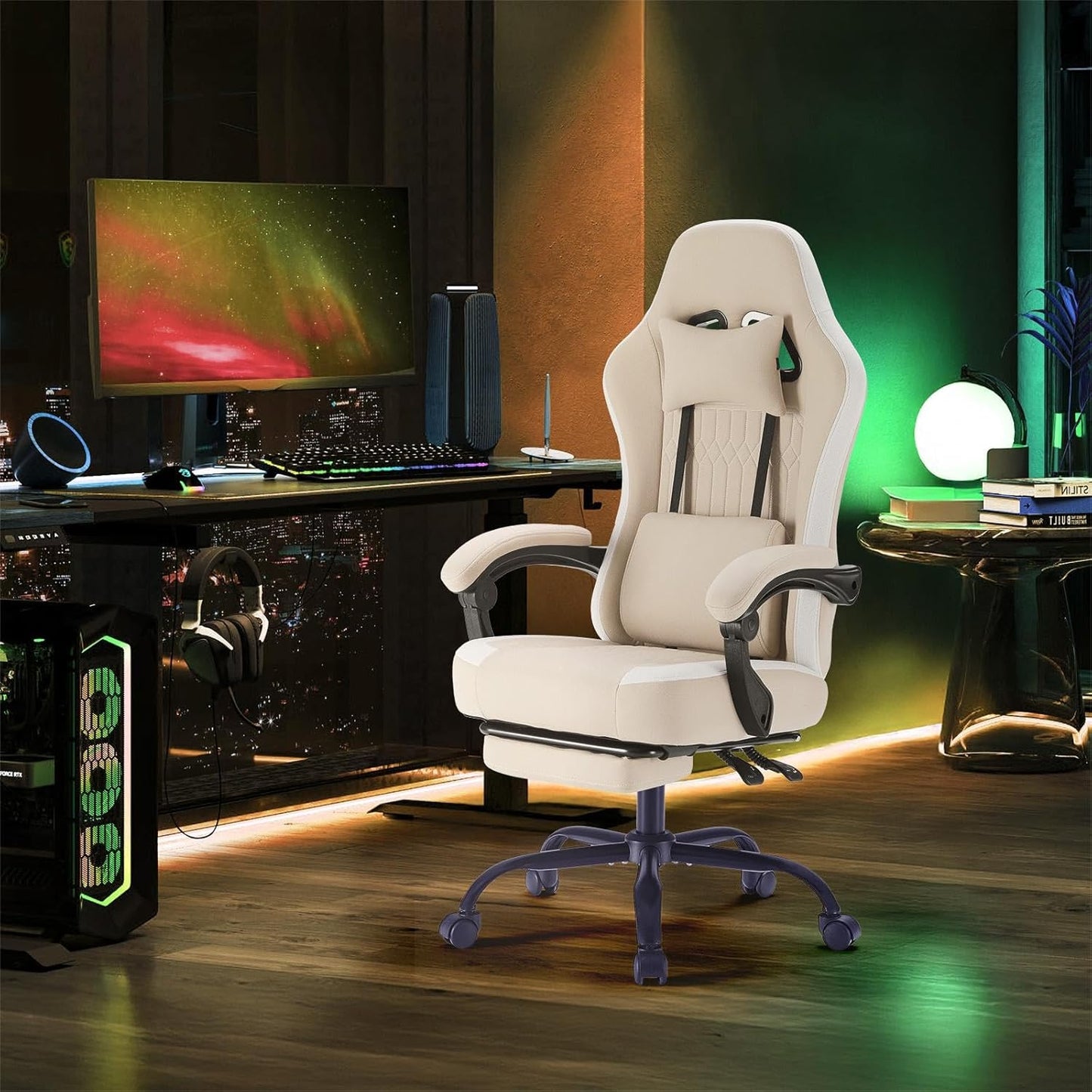 Computer Gaming Chair - High Back Ergonomic Desk Chair with Footrest and Lumbar Support, Height Adjustable Task Chair with Linkage Armrests and Headrest, 360° Swivel Wheels, Khaki