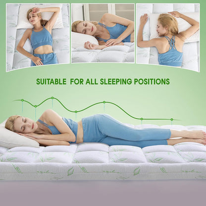 Queen Mattress Topper, Soft Pillow Top Mattress Topper with Deep Pocket Fits 8–21 Inch,7D Spiral Fiber Filling, Bamboo Viscose Air Layer Mattress Topper Queen.