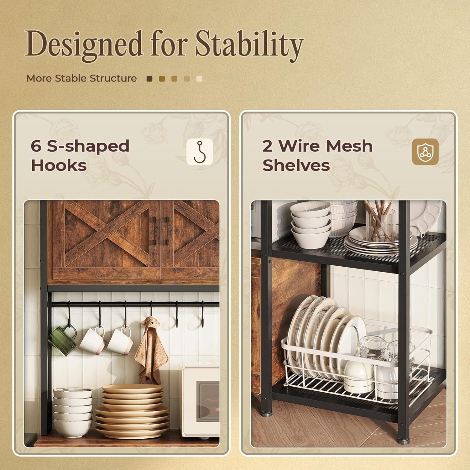 Large Bakers Rack with Power Outlet, Kitchen Microwave Stand with Cabinets, Coffee Bar Table Station with Storage, 6 S-Shaped Hooks, Mesh Shelves, 45 Inch Wooden Top, Rustic Brown