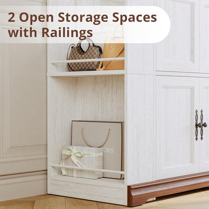 Armoire Wardrobe Closet with Side Half Mirror, 70" Freestanding 4-Door Storage Cabinet for Bedroom, Features Side Hooks, Open Compartments, Hanging Rod & Shelves, White Armoire