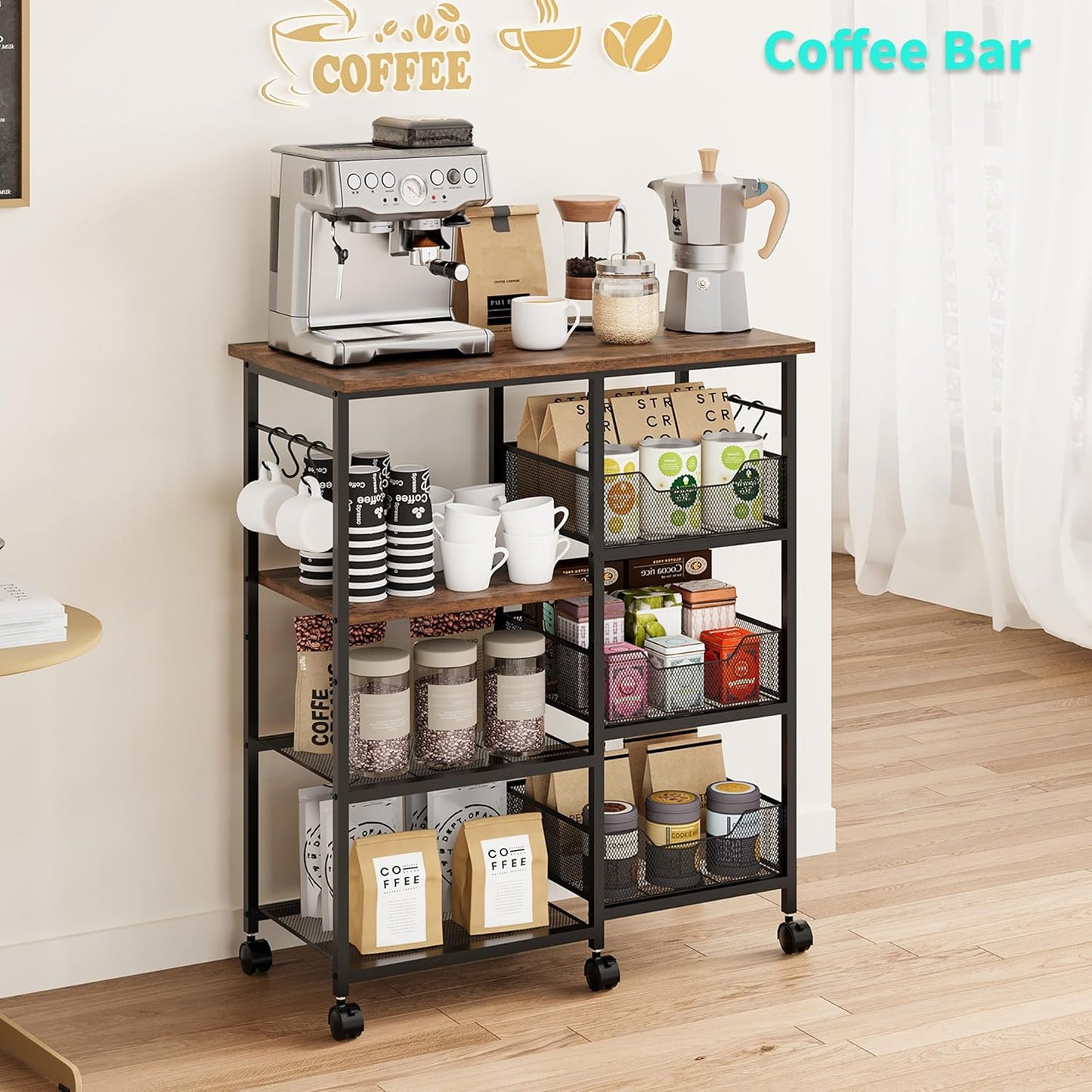 Rolling Kitchen Carts with Storage - Microwave Table Stand with 6 Hooks & 3 Baskets, Kitchen Island Cart on Lockable Wheels, 28.3" L × 14.6" W Bakers Rack Cart for Dining Room Coffee Bar Office