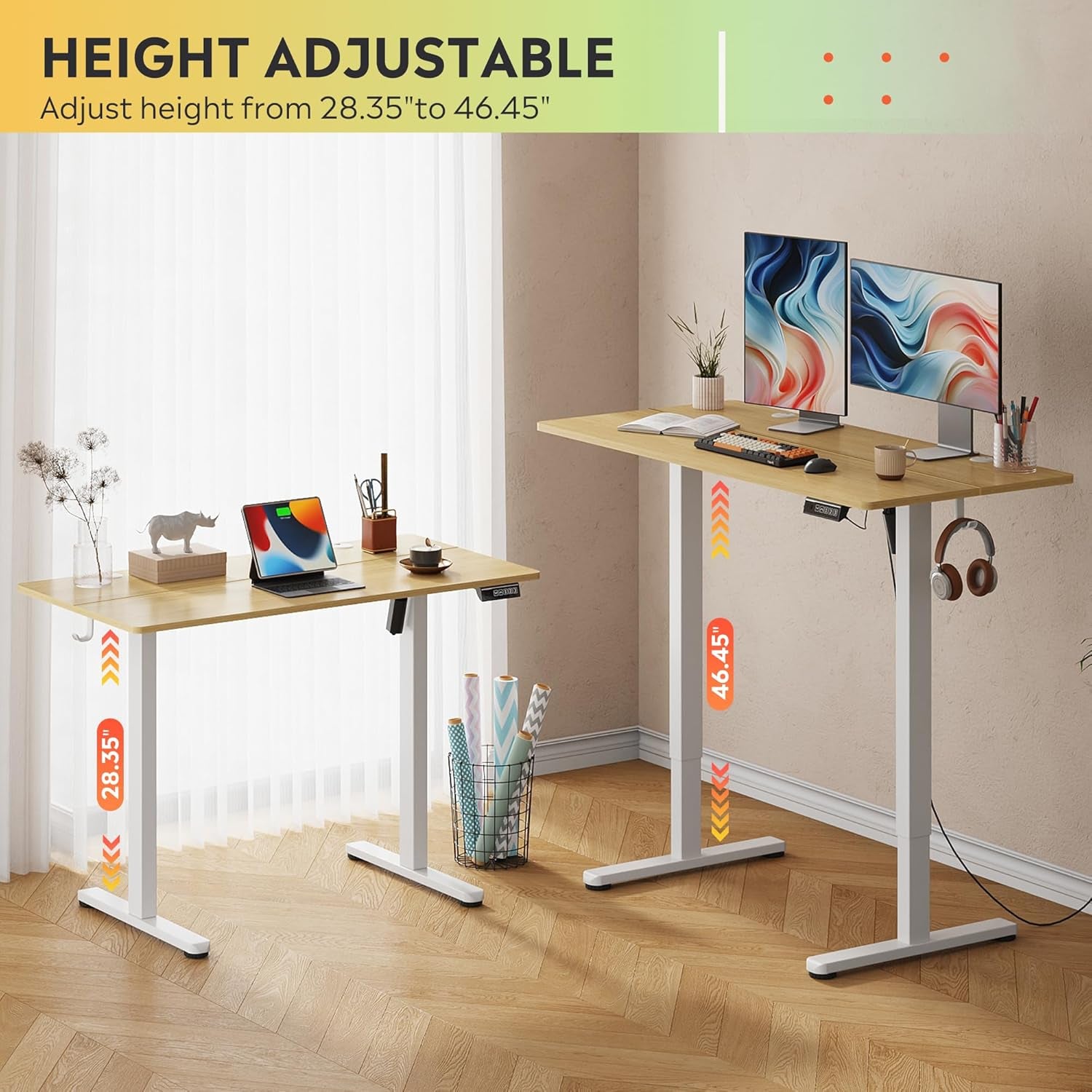 48 Inch Electric Standing Desk, 3 Adjustable Height Stand up Desk for Home Office, Ergonomic Sit to Stand Desk with LED Touchscreen, Headphone Hook, 3 Memory Preset Computer Desk (Maple)