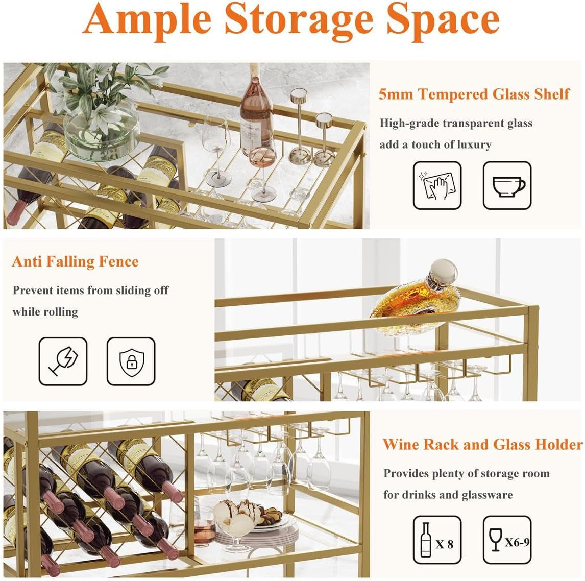 Bar Cart Gold, Home Bar Serving Cart with Wine Rack and Glasses Holder, Wine Carts on Wheels with 3 Tier Mirrored Shelves for Liquor and Beverage (Gold)