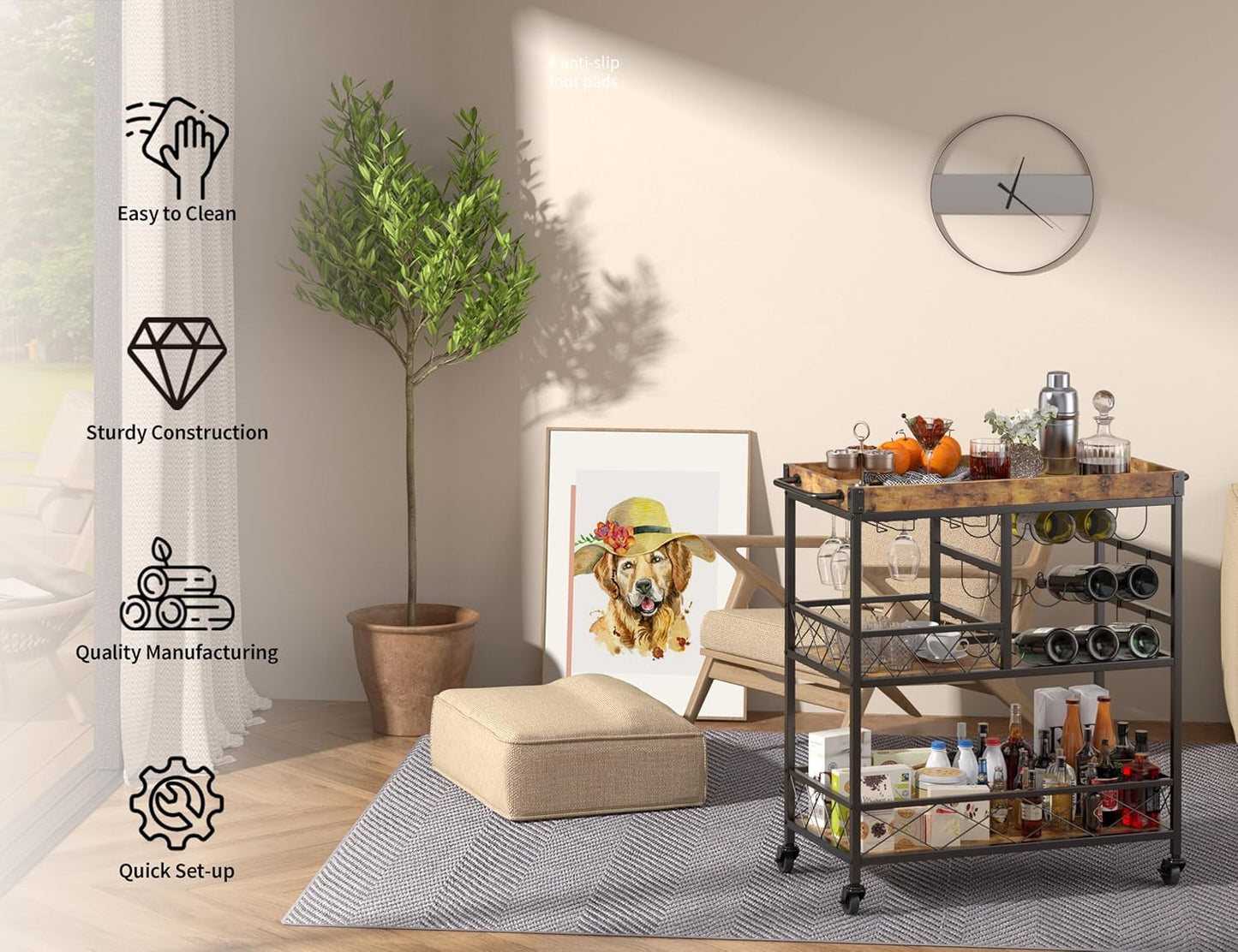 Bar Cart, 3 Tier Coffee Cart with Lockable Wheels, 12-Bottle Wine Rack, and Hanging Glass Holder, Kitchen Rack with Removable Tray, for Kitchen, Dining Room, Entertaining, Club Party,Retro
