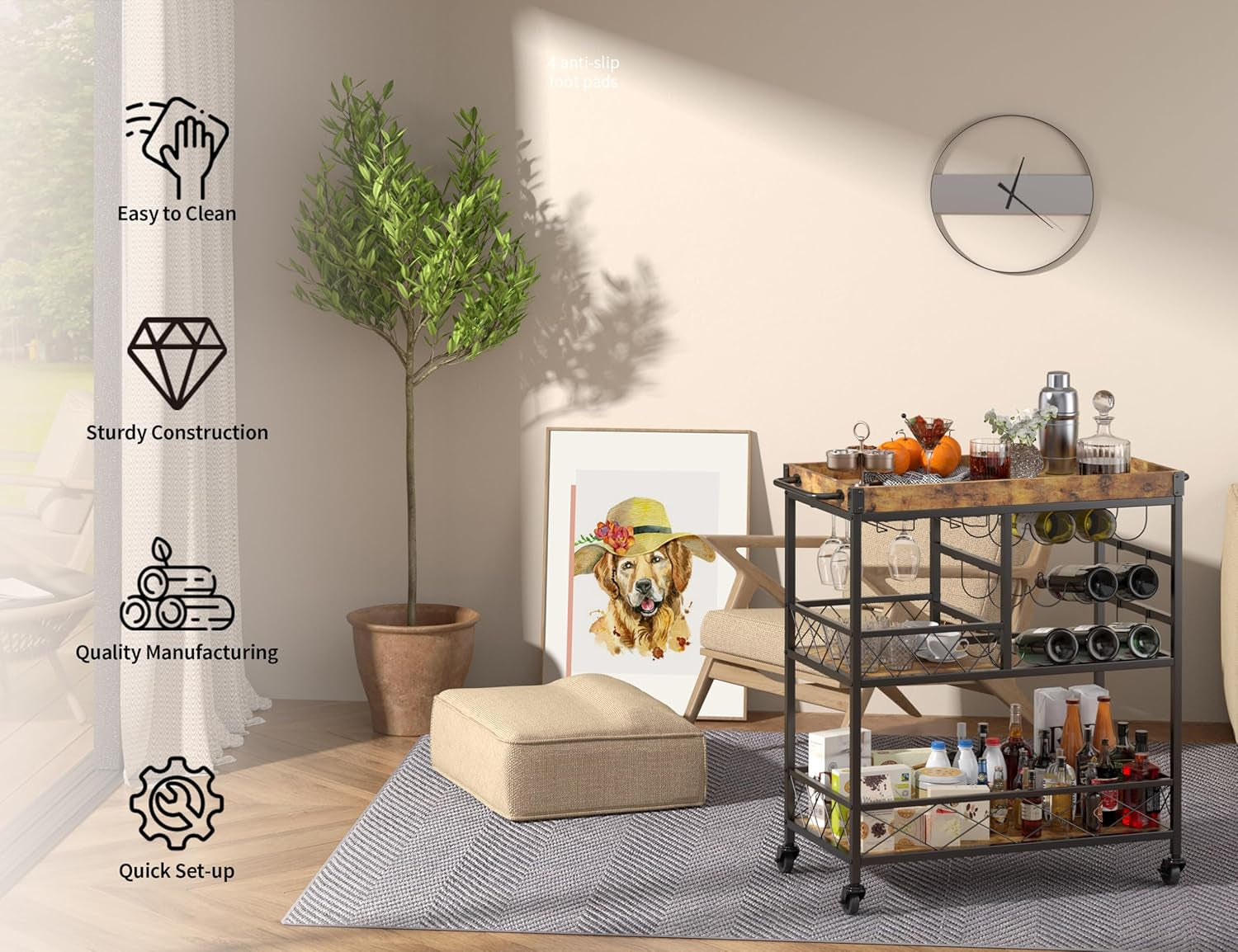 Bar Cart, 3 Tier Coffee Cart with Lockable Wheels, 12-Bottle Wine Rack, and Hanging Glass Holder, Kitchen Rack with Removable Tray, for Kitchen, Dining Room, Entertaining, Club Party,Retro