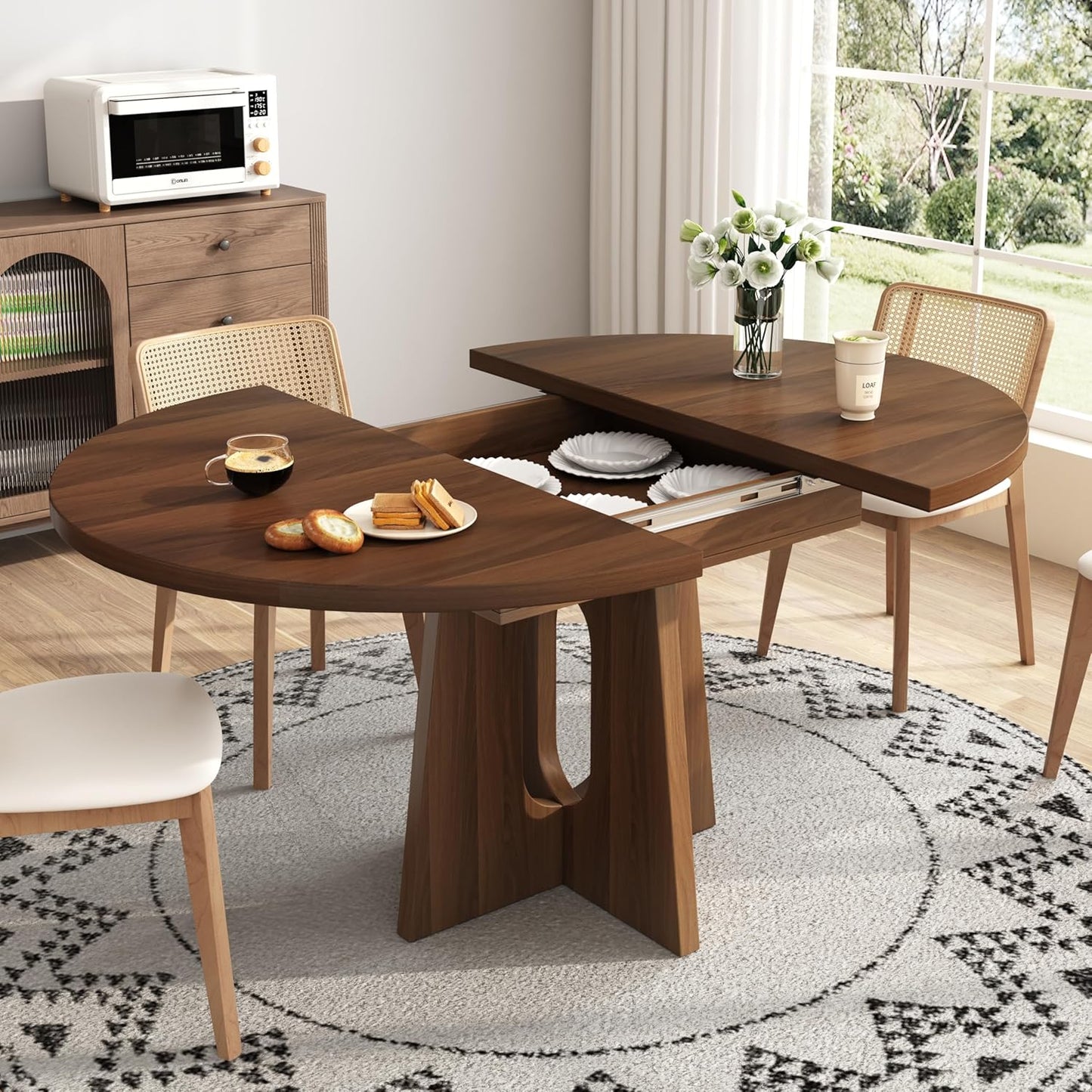 59-Inch Extendable round Dining Table for Dining Room, 4-6 People Farmhouse Oval Wood Expandable Kitchen Dinner Table with Heavy Cross Pedestal for Living Room, Apartment, Dark Brown Walnut