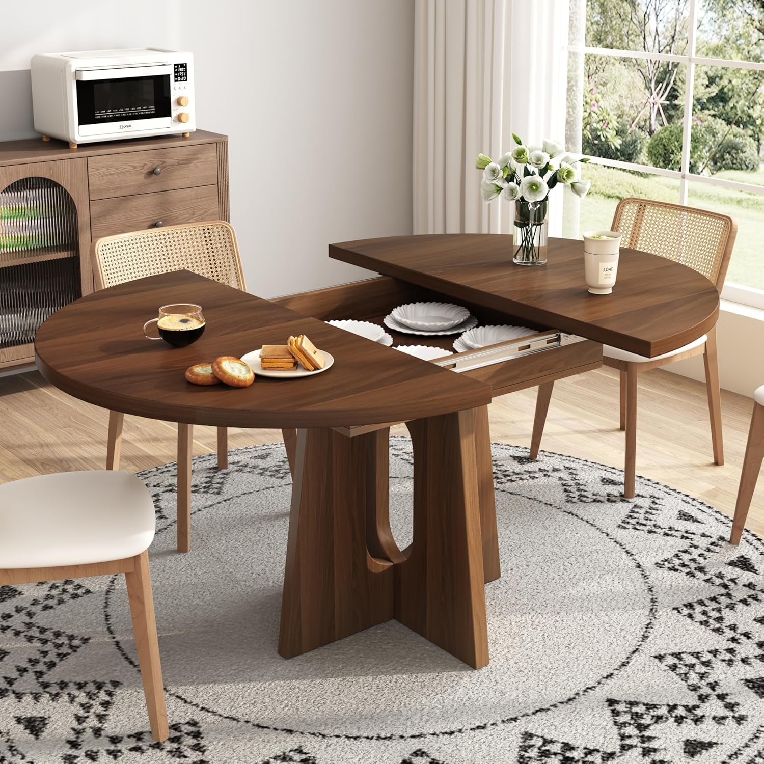 59-Inch Extendable round Dining Table for Dining Room, 4-6 People Farmhouse Oval Wood Expandable Kitchen Dinner Table with Heavy Cross Pedestal for Living Room, Apartment, Dark Brown Walnut