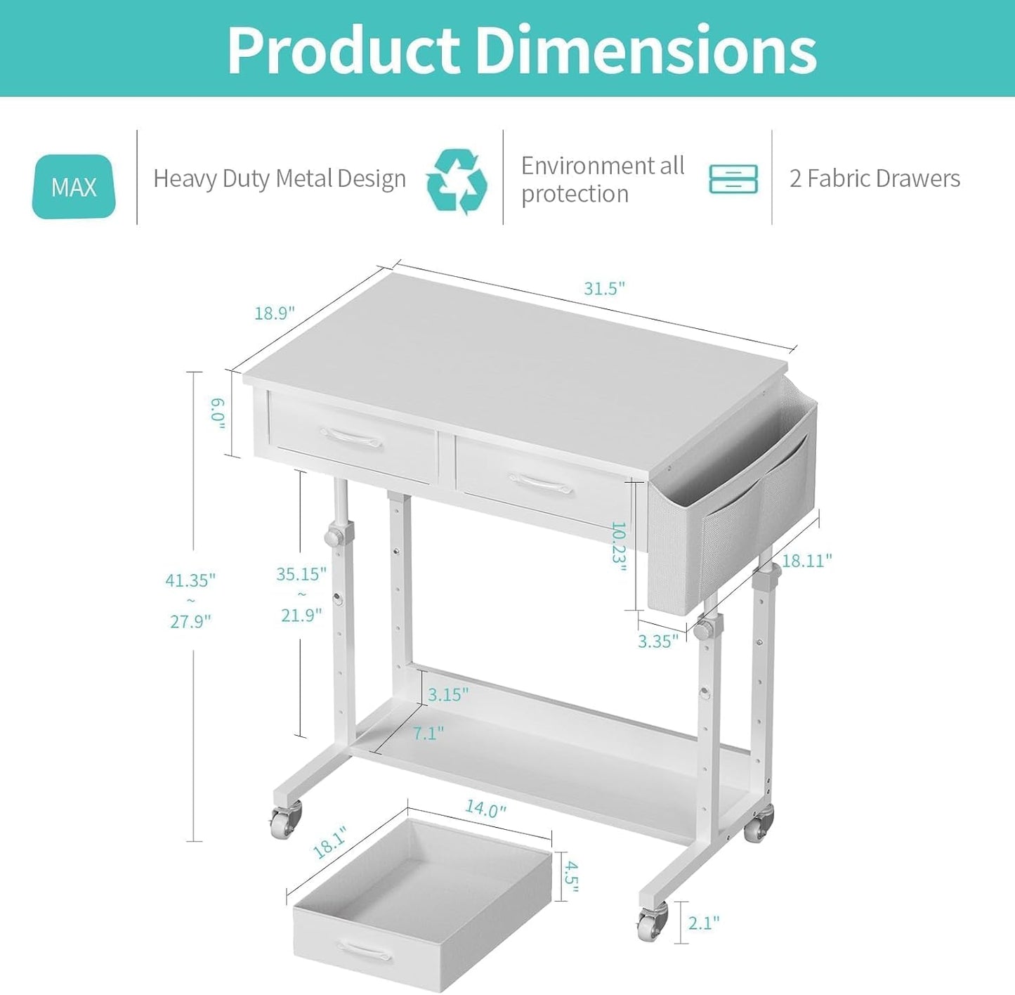 Small White Portable Adjustable Rolling Kids Desk with Drawers & Storage Shelf, 32 Inch Mobile Standing Vanity Desks with Wheels, Couch Sofa Side Laptop Craft Table for Bedroom Home Office