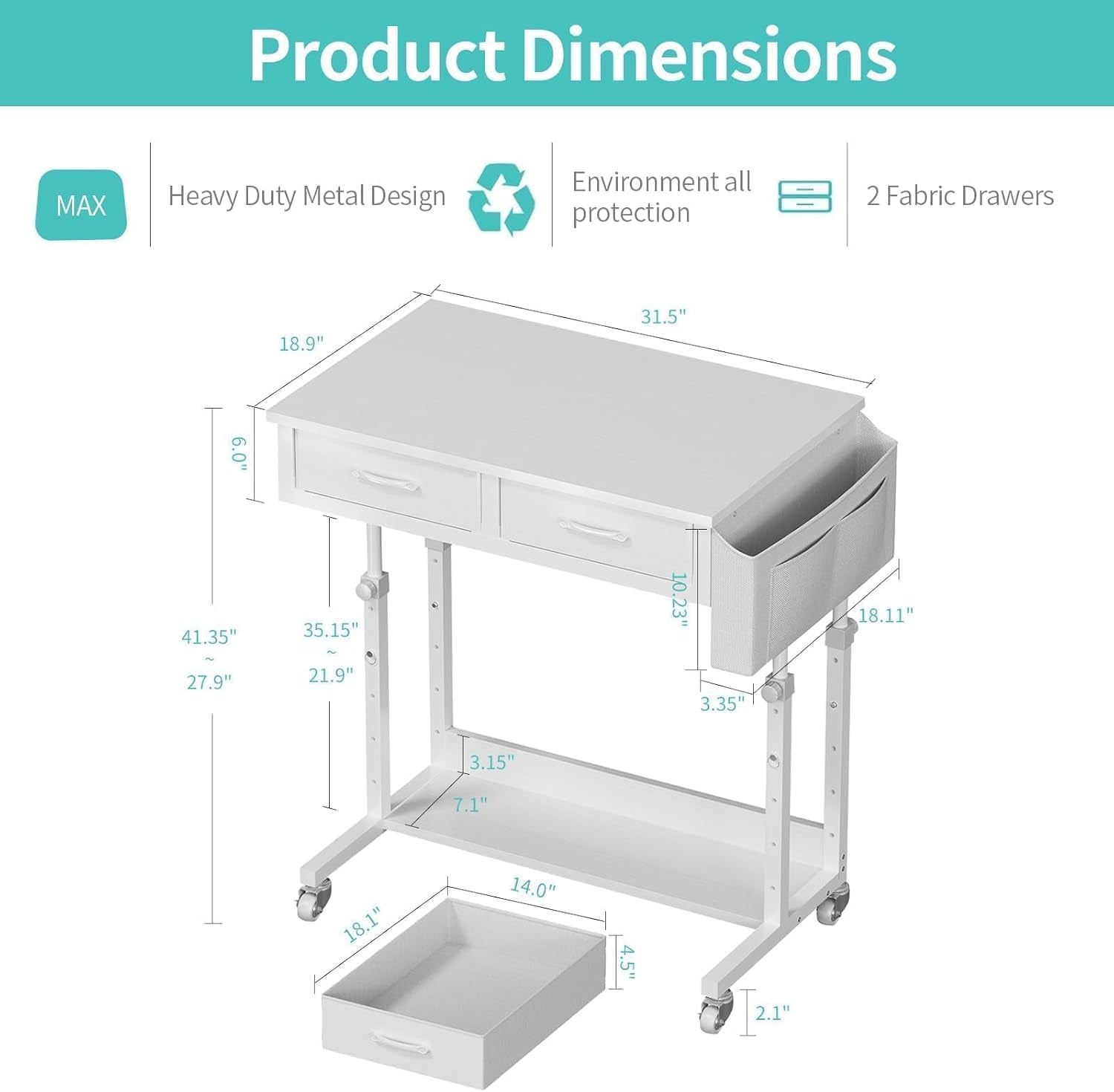 Small White Portable Adjustable Rolling Kids Desk with Drawers & Storage Shelf, 32 Inch Mobile Standing Vanity Desks with Wheels, Couch Sofa Side Laptop Craft Table for Bedroom Home Office