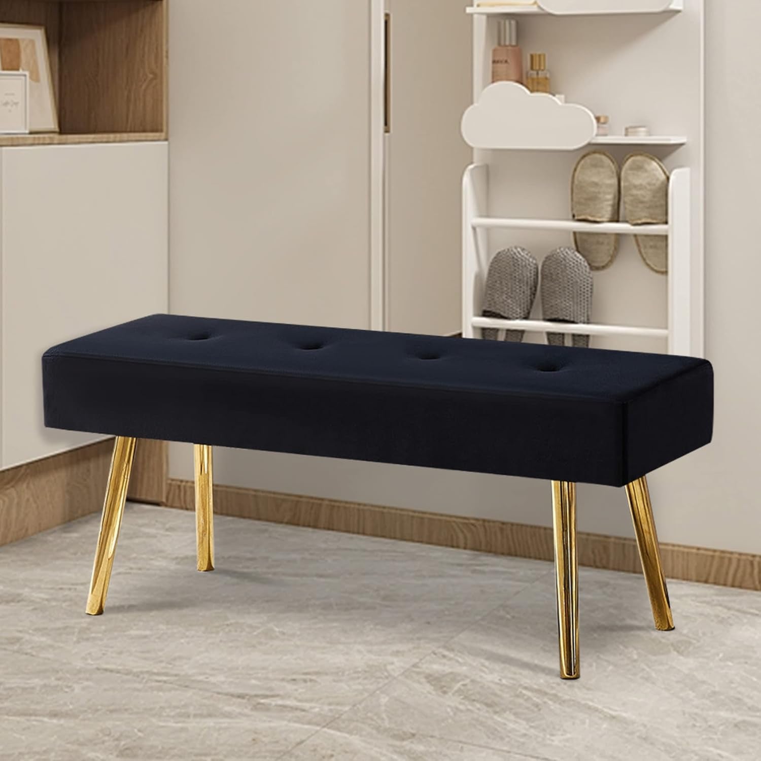 Entryway Bench, 40'' Upholstered Bedroom Benches, End of Bed Bench with Metal Legs, for Decorative, Living Room, Dining Room, Black Bench