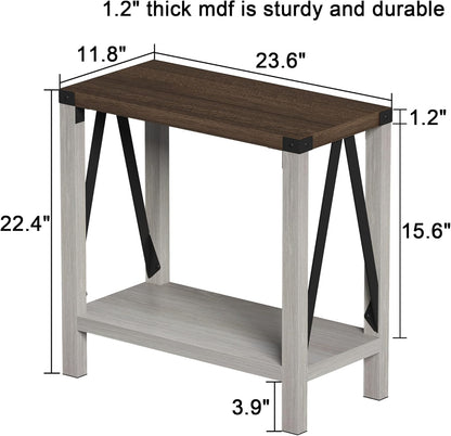Farmhouse End Table for Small Spaces, Narrow Side End Table with Storage Shelf, Rustic A-Design Nightstand Sofa Table for Living Room, Bedroom (White & Brown)