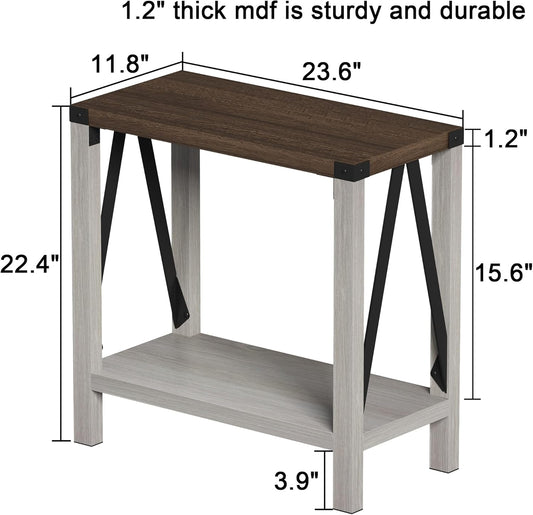 Farmhouse End Table for Small Spaces, Narrow Side End Table with Storage Shelf, Rustic A-Design Nightstand Sofa Table for Living Room, Bedroom (White & Brown)