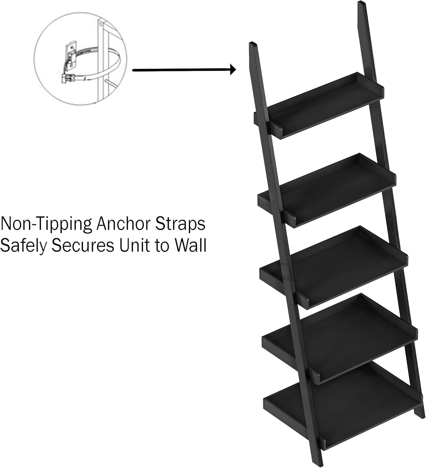 Bookshelf - 5-Tier Ladder Shelf with Leaning Look - Bookcase for Home Decor and Office Storage - Freestanding Book Shelves by  (Black)