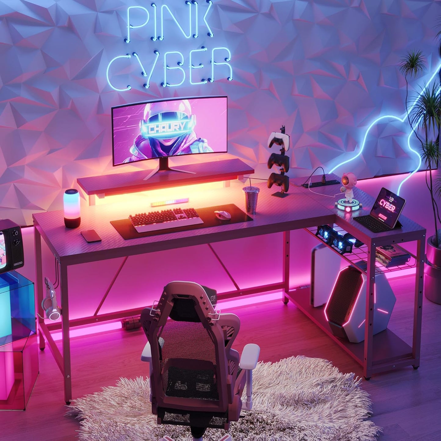 L Shaped Gaming Desk with Power Outlets,58 LED Small Corner Desk with Reversible Storage Shelves,Pink Computer Desk with Headset Hooks Desk for Living Room and Dormitory