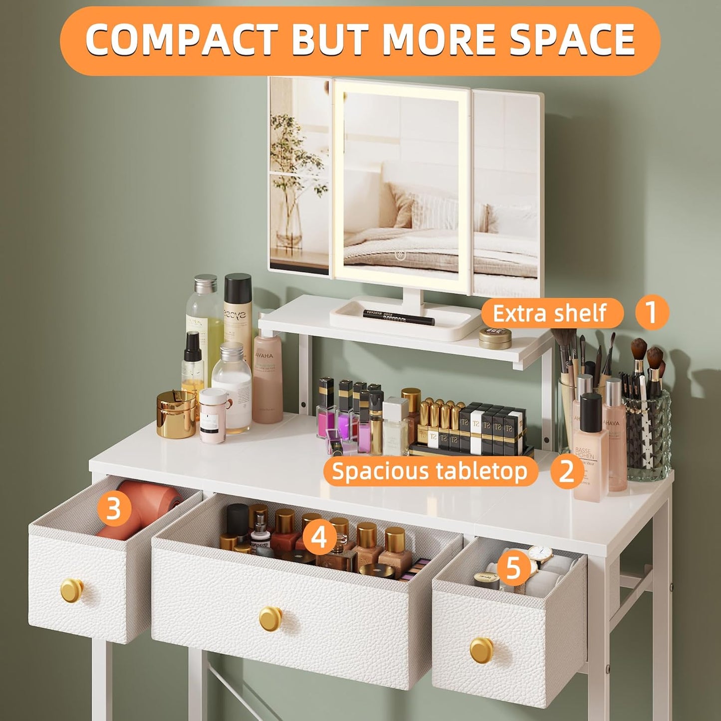 Small Makeup Vanity Desk with 3 Fabric Drawers, Vanity Table 11.8" D X 27.5" W with Mirror and Lights and Height-Adjustable Stand, Vanity for Girls Gifts, Bedroom and Small Spaces, White