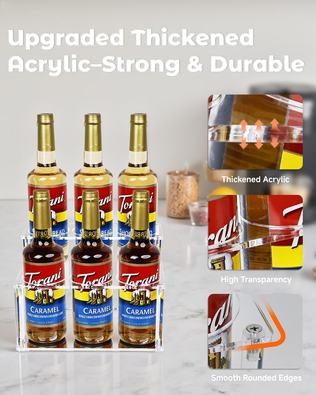 Upgraded Thickened Acrylic Coffee Syrup Organizer, 2-Tier Coffee Station Organizer Holds 6 Syrup Bottles, Coffee Syrup Dispenser Rack for Coffee Bar Station , Wine Bottle Rack Holder Countertop