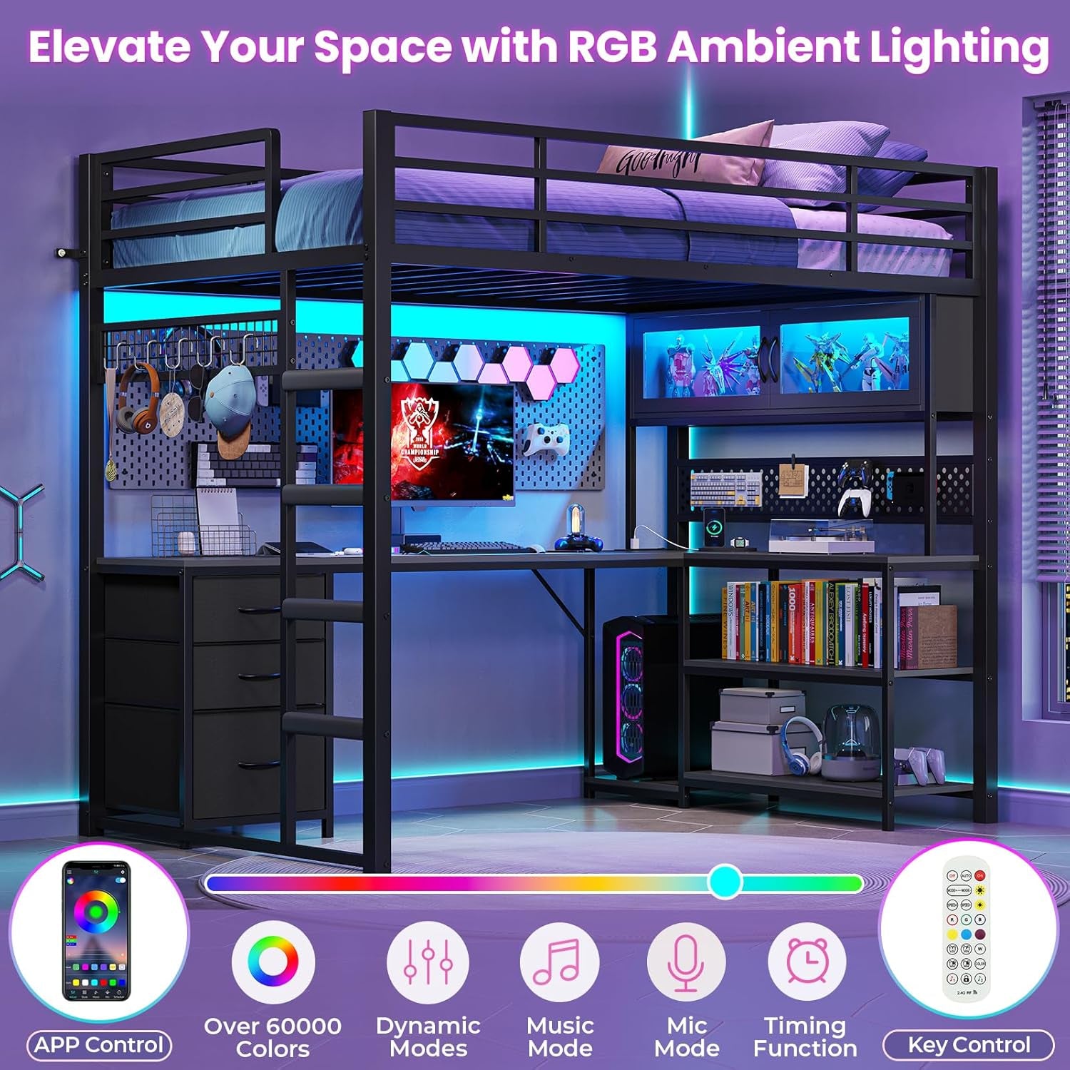 Twin Size Loft Bed with L-Shaped Gaming Desk, Storage Drawers & Hutch, Expanded Safety Power Outlet, Metal Loft Bed Frame with RGB Lights, Space Saving for Teens, Black