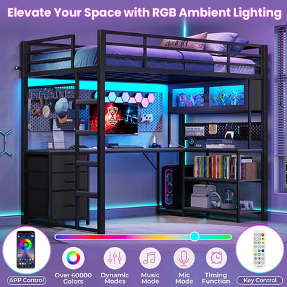 Twin Size Loft Bed with L-Shaped Gaming Desk, Storage Drawers & Hutch, Expanded Safety Power Outlet, Metal Loft Bed Frame with RGB Lights, Space Saving for Teens, Black
