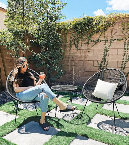 3-Piece Outdoor Seating Acapulco Chair, Modern Patio Furniture Set, Glass Top Table and 2 Chairs, Indoor and Outdoor Conversation Bistro Set, Ink Black UGGF011B01