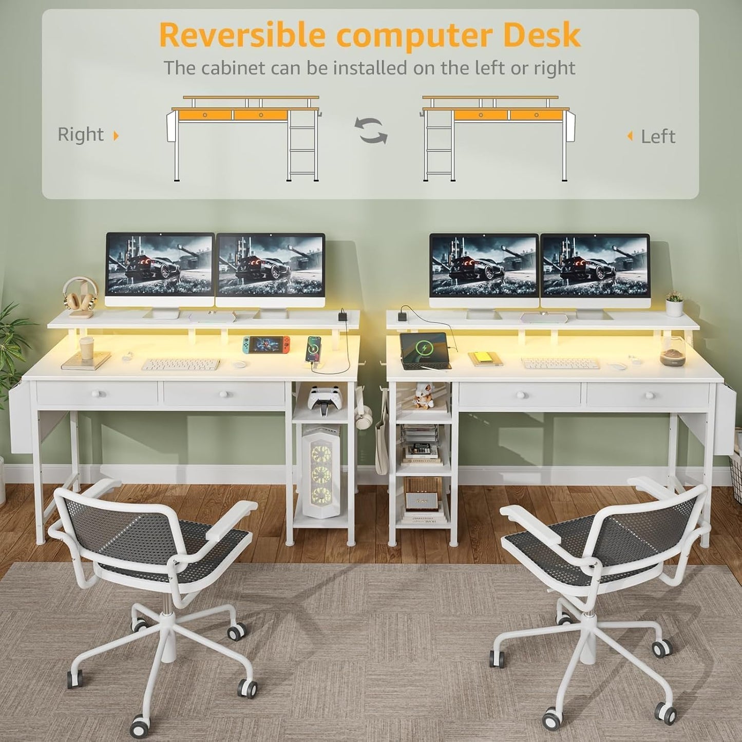 White Computer Desk with Shelves and Drawers - 47 Inch Home Office Desk with Drawers and Shelves, Small White Desk with Shelves, Computer Desk with Monitor Stand, RGB Gaming Desk with Power Outlet