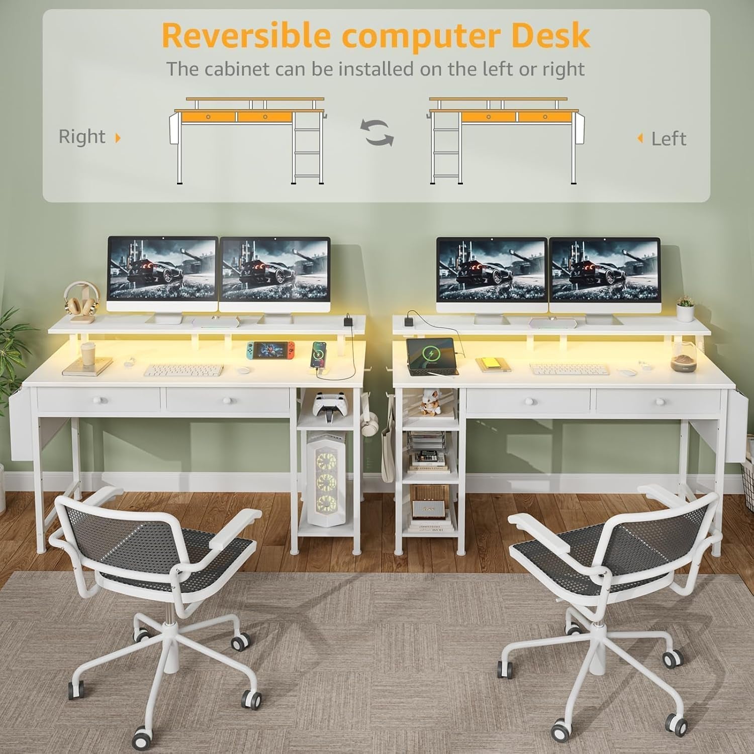 White Computer Desk with Shelves and Drawers - 47 Inch Home Office Desk with Drawers and Shelves, Small White Desk with Shelves, Computer Desk with Monitor Stand, RGB Gaming Desk with Power Outlet
