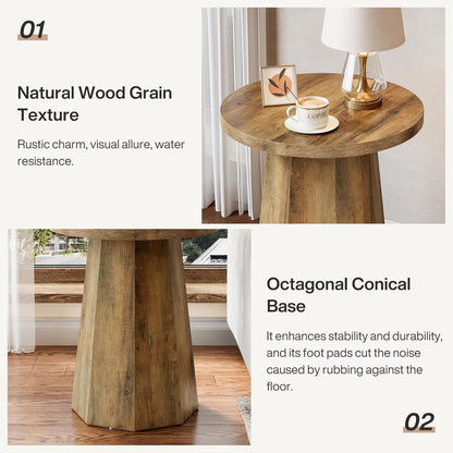 round Pedestal End Table, Farmhouse Couch Side Table with Octagonal Base, Wooden Drink Stand Accent Nightstand (1, Rustic Brown)
