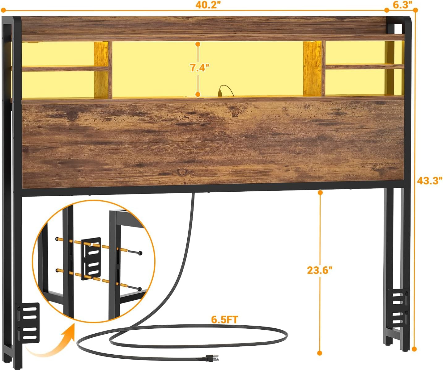 Headboard for Twin Size Bed with Storage, Headboards with LED Light, Power Outlets, USB Ports Twin Size Head Board, Wood Headboard Only Sturdy and Stable Headboards, Rustic Brown