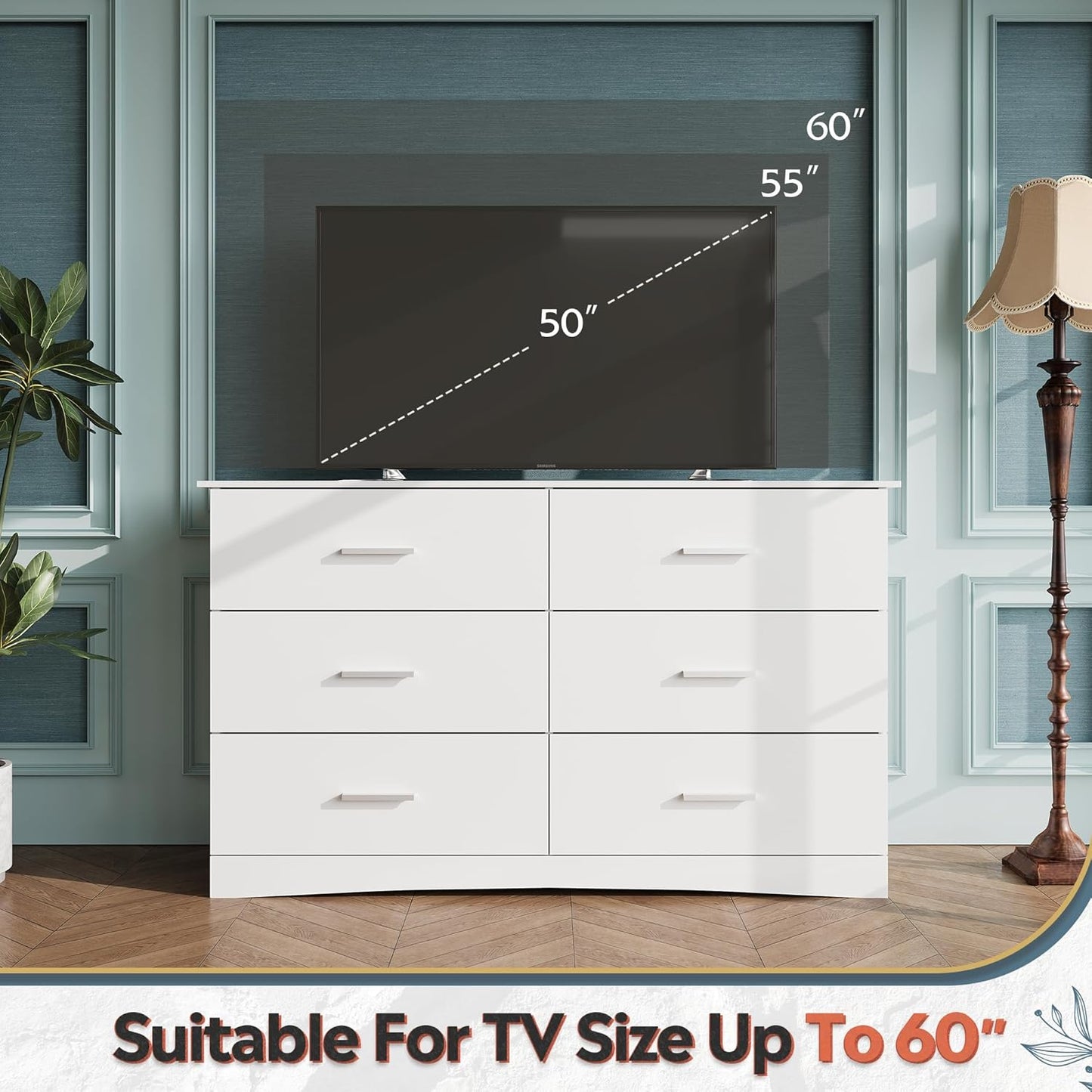 White Dresser with 6 Drawers, Wide Wood Chest of Drawers for Bedroom, Large White Storage Tower Unit, Modern Minimalist Closet Store Organizer for Living Room, Hallway