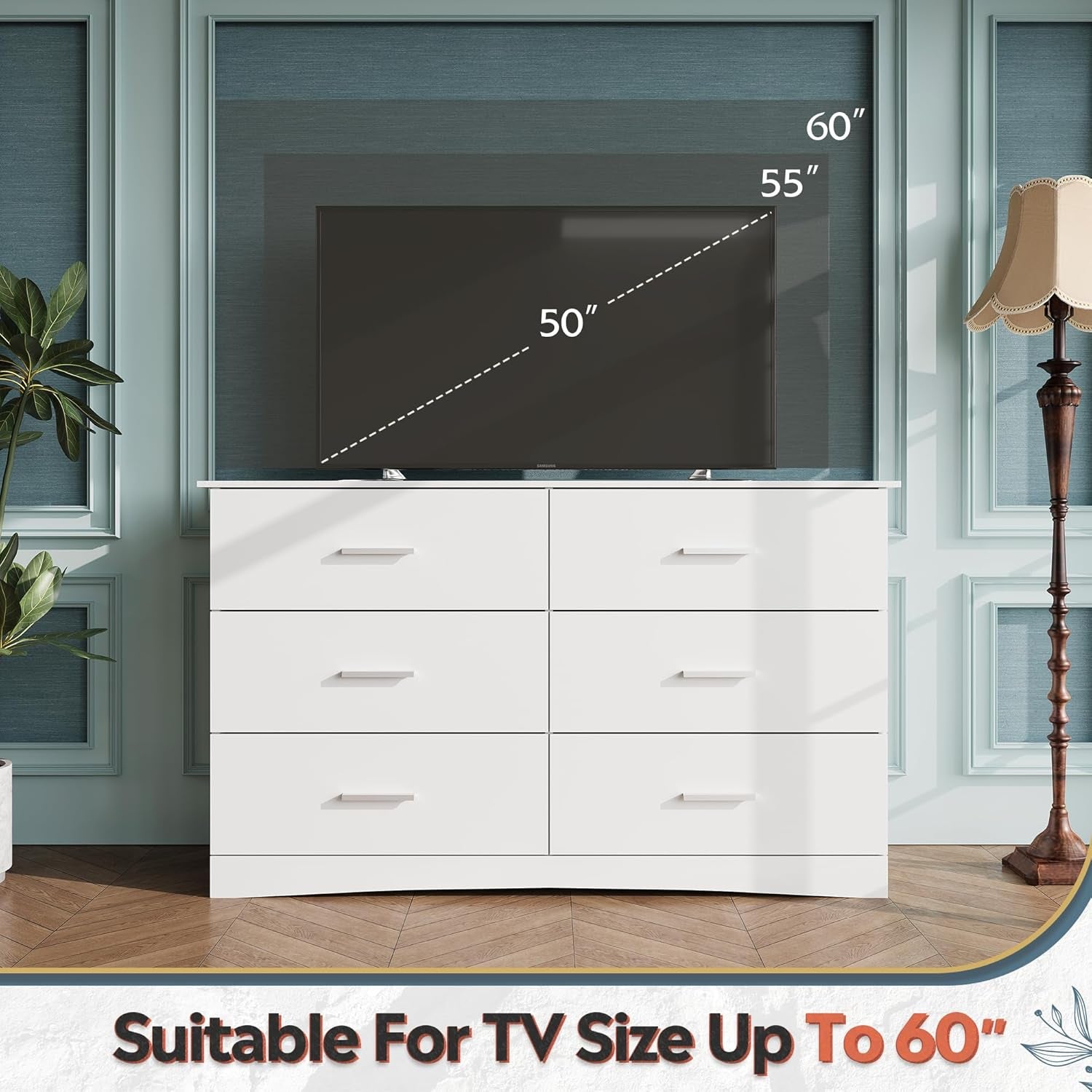 White Dresser with 6 Drawers, Wide Wood Chest of Drawers for Bedroom, Large White Storage Tower Unit, Modern Minimalist Closet Store Organizer for Living Room, Hallway