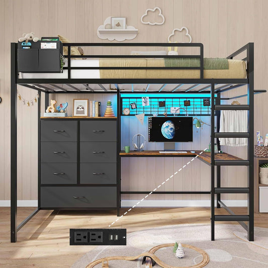Twin Loft Bed with L-Shaped Desk and 7 Storage Drawers,Metal Twin Size Loft Bed for Kids with LED Lights and Charging Station,13.11" H Safety Guardrail and Ladder,No Box Spring Needed, Black