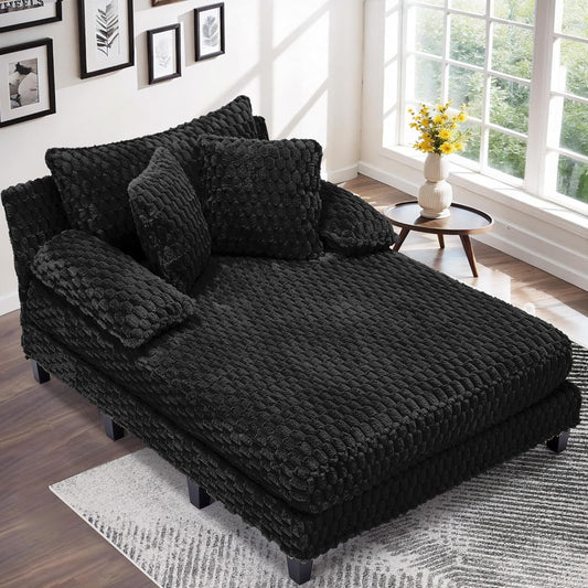 Faux Fur Chaise Lounge Indoor with Adjustable Backrest, 59 Inches Single Sleeper Sofa Chair with 3 Lumbar Pillows, Upholstered Oversized Lounge Chair for Living Room, Bedroom, Office