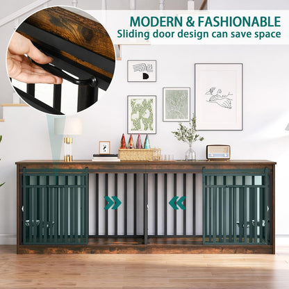 71 Inch Double Dog Crate Furniture for 2 Dogs, Heavy Duty Wooden Dog Crate TV Stand with 4 Dog Bowls, Dog Kennel Indoor Furniture Sliding Barn Door Design for Extra Large Dogs, Rustic Brown