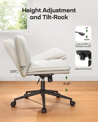 Armless-Office Desk Chair with Wheels: PU Leather Cross Legged Wide Chair,Comfortable Adjustable Swivel Computer Task Chairs for Home,Office,Make Up,Small Space,Bed Room(Light Beige)